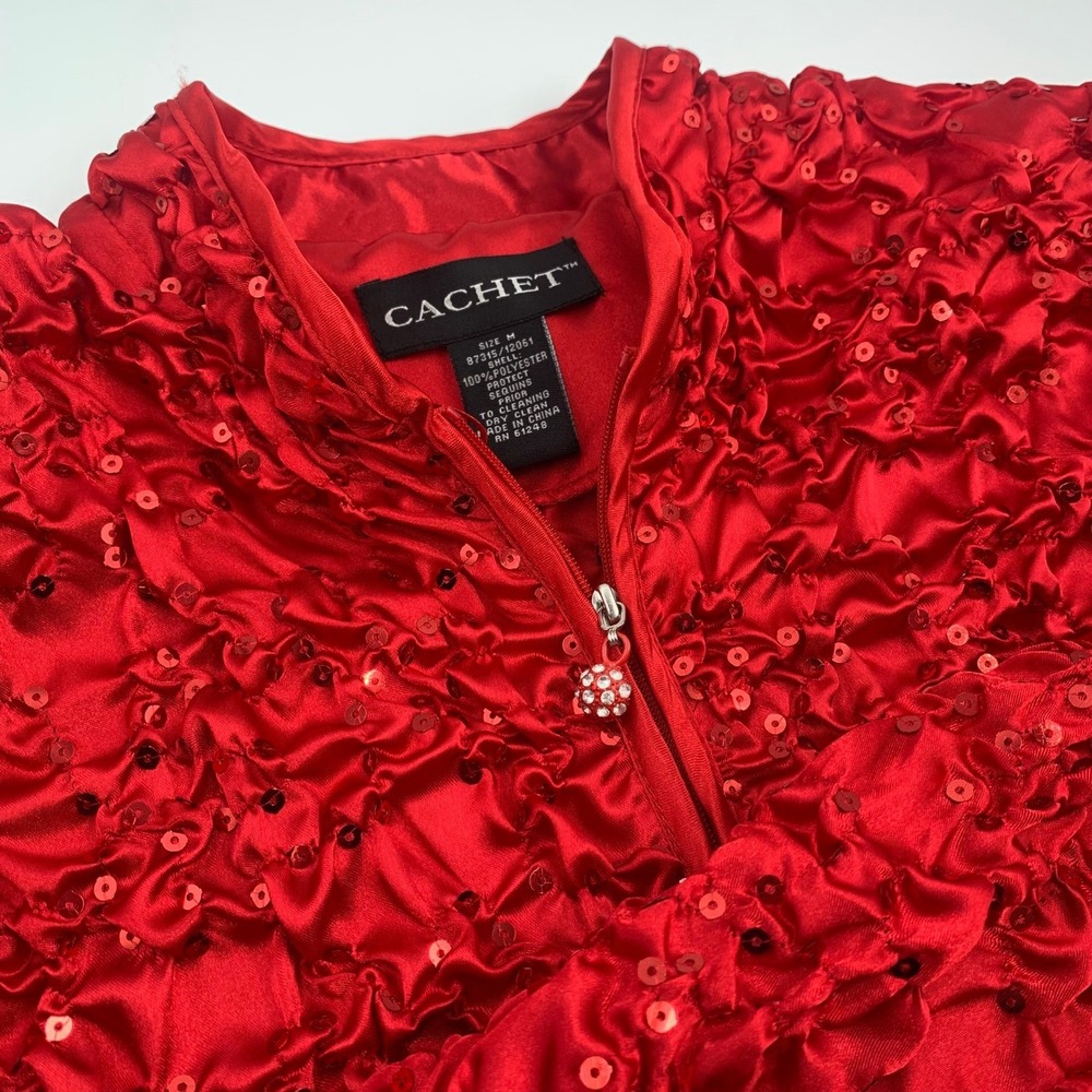 CACHET Red Ruched Sequin Zip Up Evening Jacket M Rhinestone Pull Cocktail Party